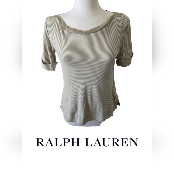 Ralph Lauren Tops - Ralph Lauren Olive And White Stripped Tan Relaxed Short Sleeve Tee Size Medium